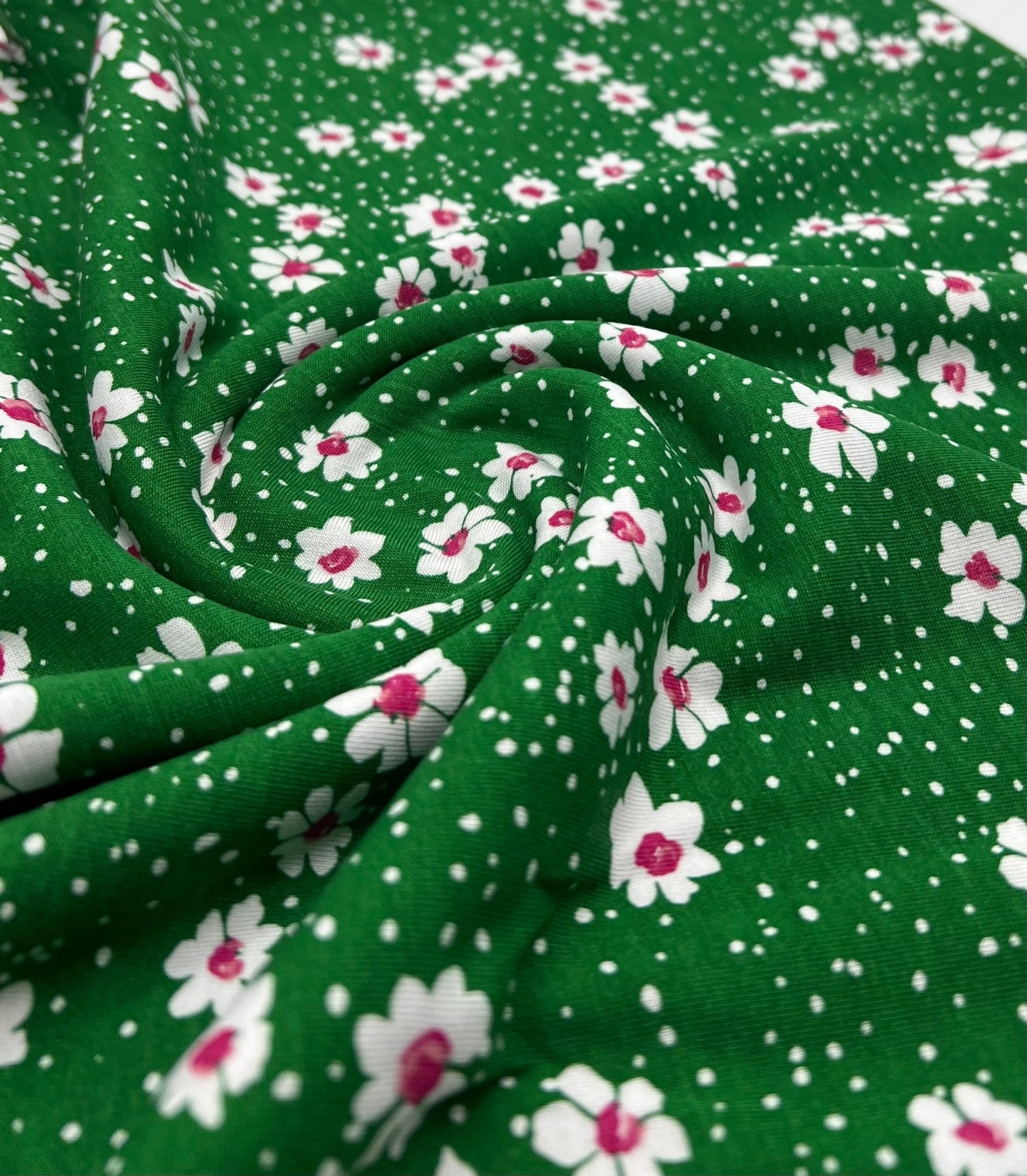 Green White Floral Spot Print Viscose Elastane 4 Way Stretch Fabric - T9 Fabrics